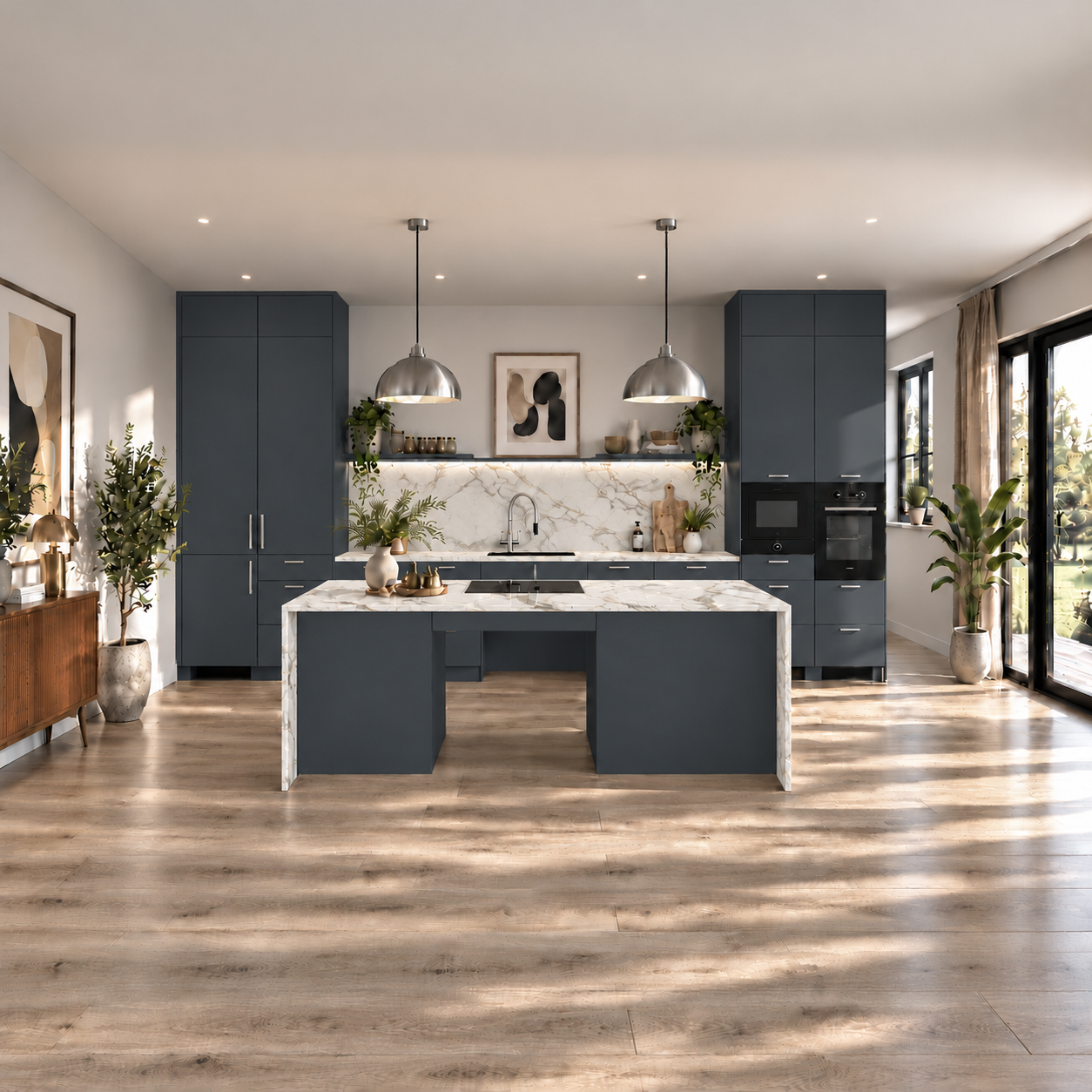 Kuchnia EQUIA Connect z wyspą, frontami Steel Blue, jasnym kamieniem i otwartą przestrzenią pod płytą