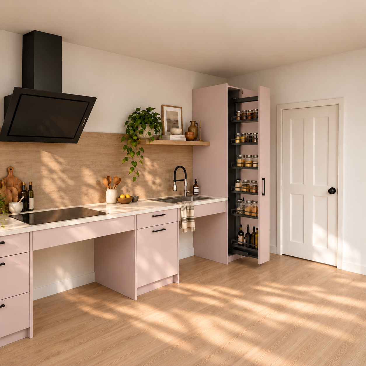 EQUIA Kitchen K1 w palecie Pause — otwarte wysokie cargo i przestrzeń na nogi pod blatem