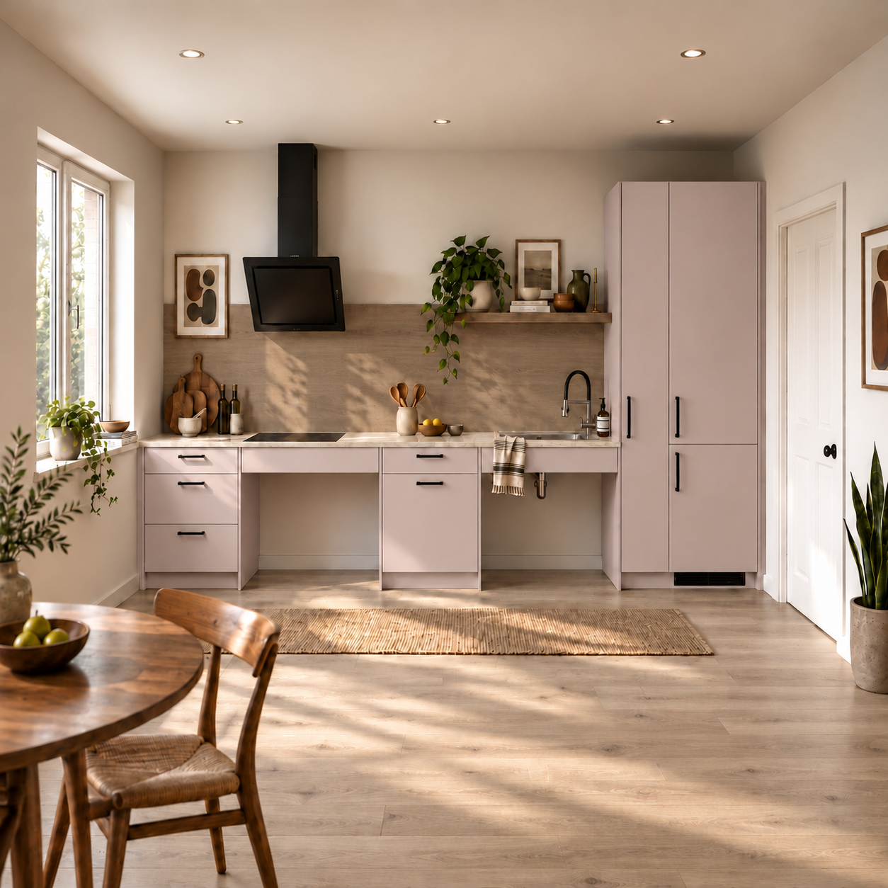 EQUIA Kitchen K1 w palecie Pause — fronty Powder Pink, drewno Cremona i jasny blat