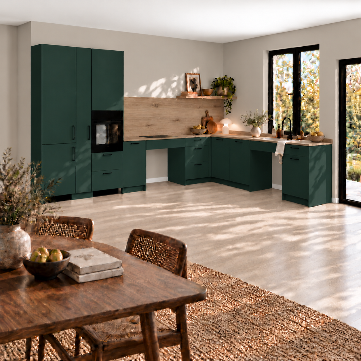 EQUIA Kitchen K3 w palecie Blend — ciemnozielone fronty, ciepłe ściany i drewno Canella