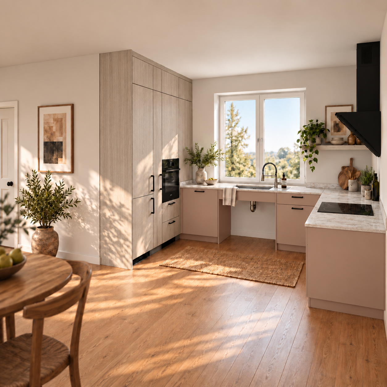 EQUIA Kitchen K4 w palecie Evolve — wysokie szafy w dekorze drewna, jasne fronty i dostępna strefa zlewu