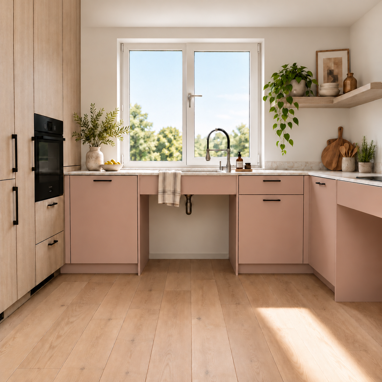 EQUIA Kitchen K4 w palecie Evolve — dostępna strefa zlewu pod oknem, jasne fronty i wysokie szafy w dekorze drewna