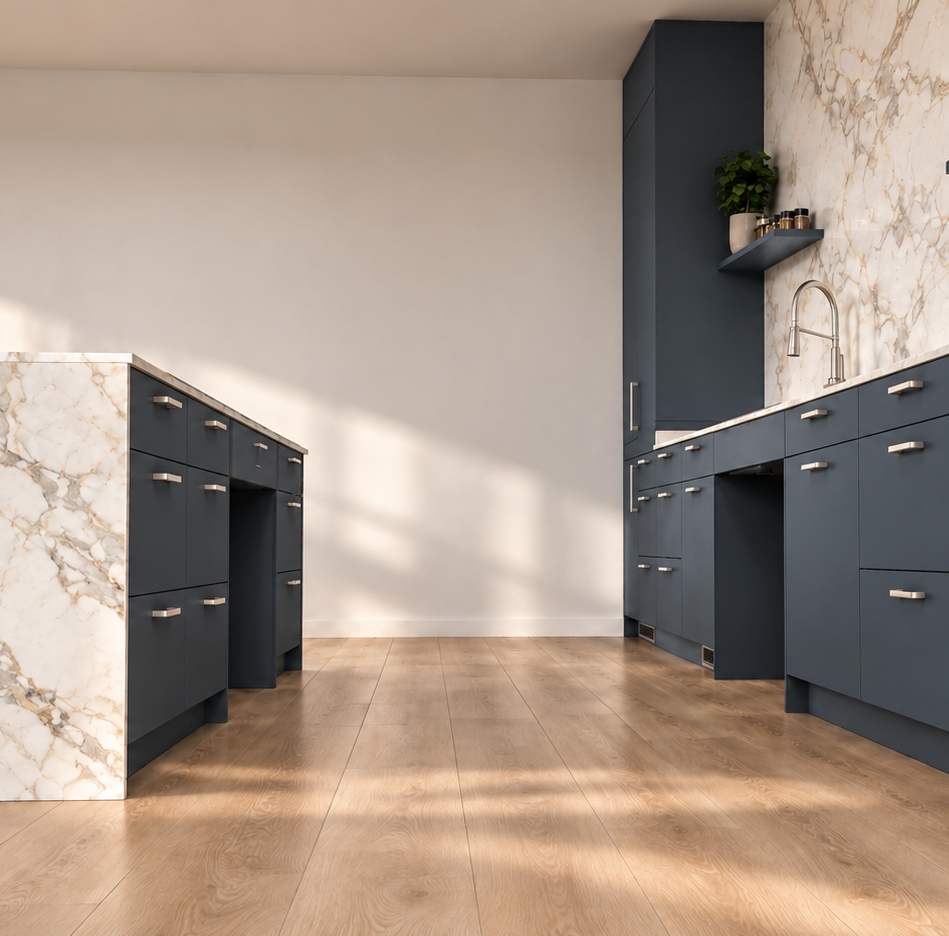 EQUIA Kitchen K6 w palecie Connect — widok przejścia między wyspą a linią przyścienną i przestrzeni na nogi pod blatem